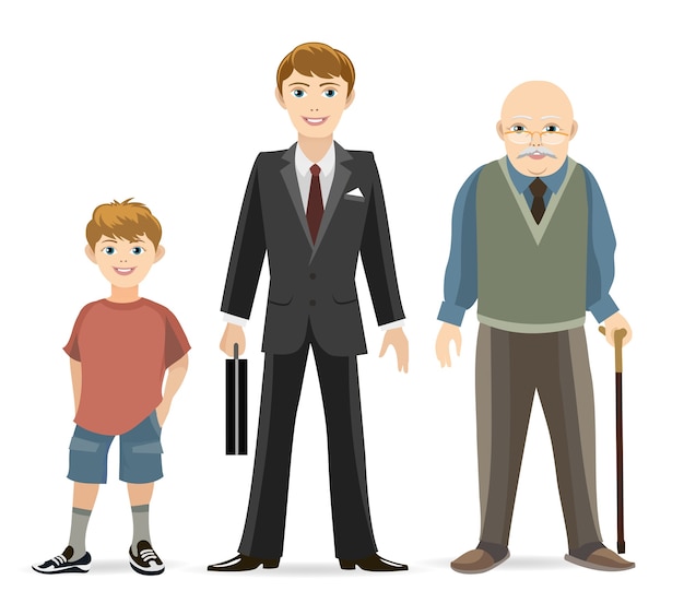 Ilustración del concepto de progreso de la edad del hombre. Viejo y adulto, hombre joven, hombre de edad.