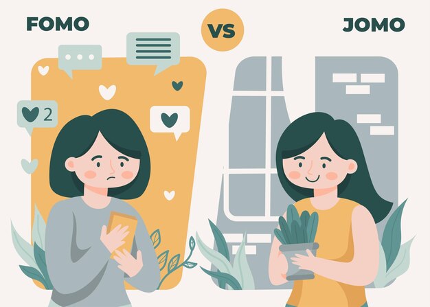 Ilustración del concepto de síndrome de FOMO y JOMO