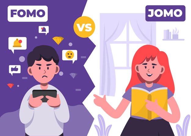 Ilustración del concepto de síndrome FOMO y JOMO