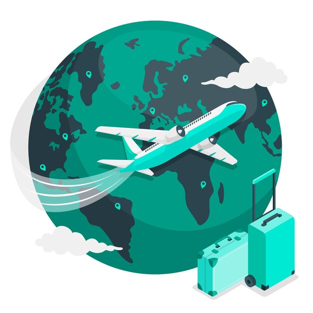Ilustración del concepto de volando alrededor del mundo (con avión)