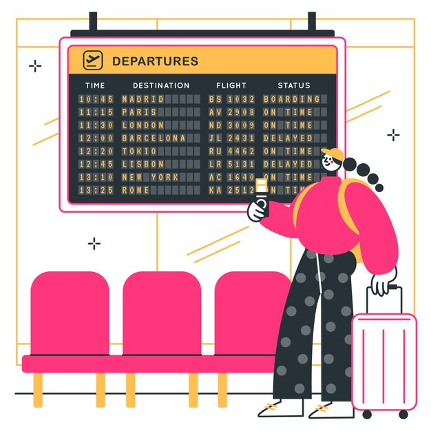 Ilustración conceptual de la mujer en la tabla de salida del aeropuerto