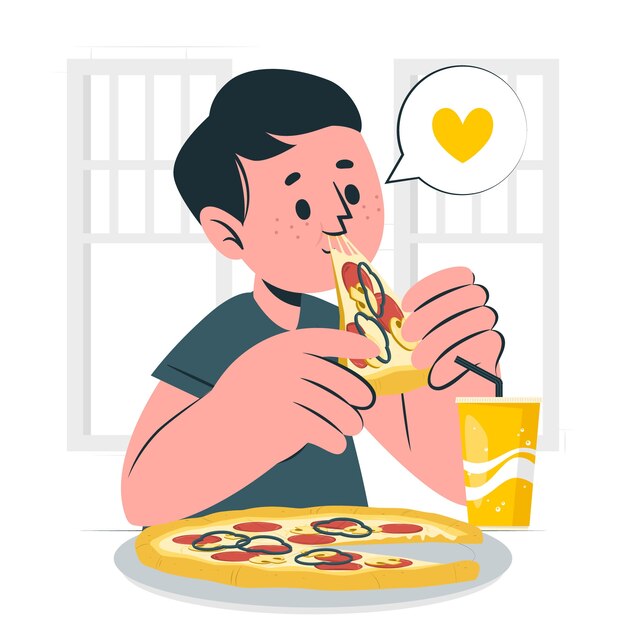 Ilustración conceptual de un niño comiendo pizza