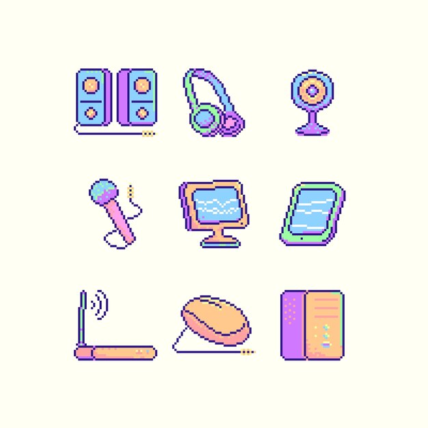 Ilustración de conjunto de arte de píxeles de diseño plano