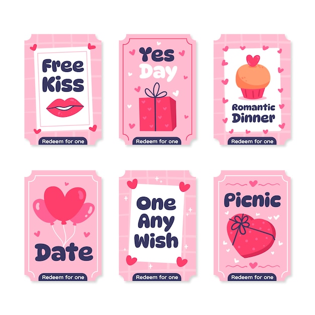 Ilustración de conjunto de cupones de amor dibujados a mano