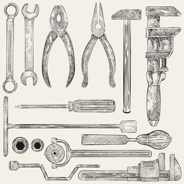 Ilustración de un conjunto de herramientas mecánicas