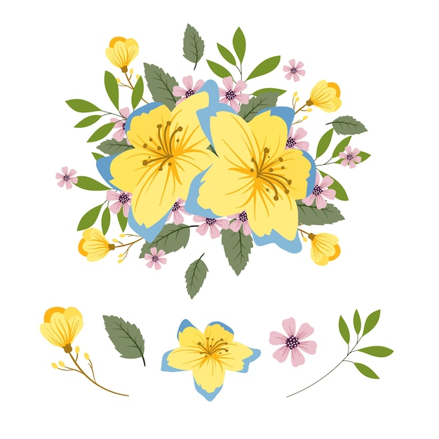 Ilustración de conjunto de ramo de flores 2D