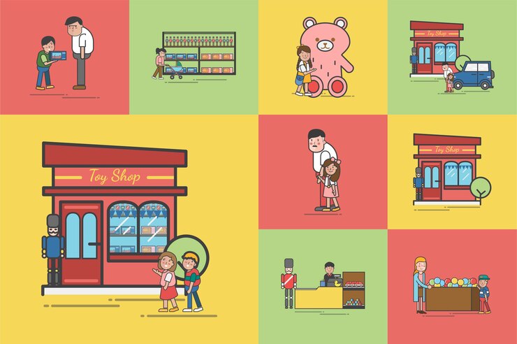 Vector gratuito ilustración de conjunto de vectores de tienda de juguetes