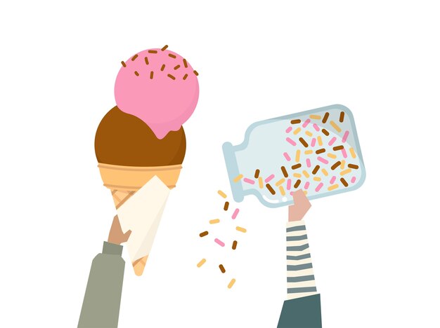 Ilustración de un cono de helado con chispas de arco iris