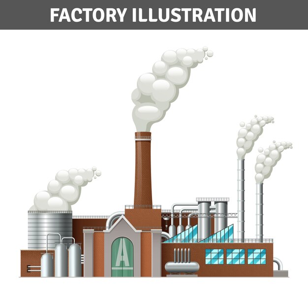 Ilustración de construcción de fábrica realista con vapor y sistema de refrigeración