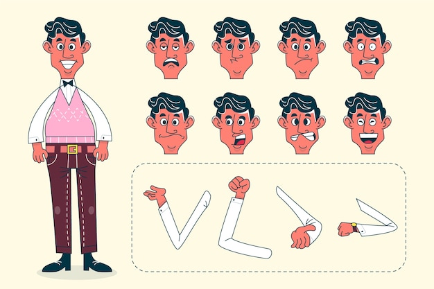 Ilustración del constructor de personajes de dibujos animados retro dibujada a mano.