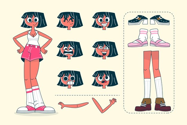 Ilustración del constructor de personajes de dibujos animados retro dibujada a mano.