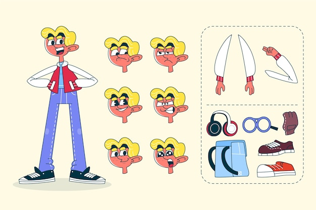 Ilustración del constructor de personajes de dibujos animados retro dibujada a mano.