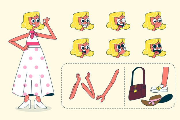 Ilustración del constructor de personajes de dibujos animados retro dibujada a mano.