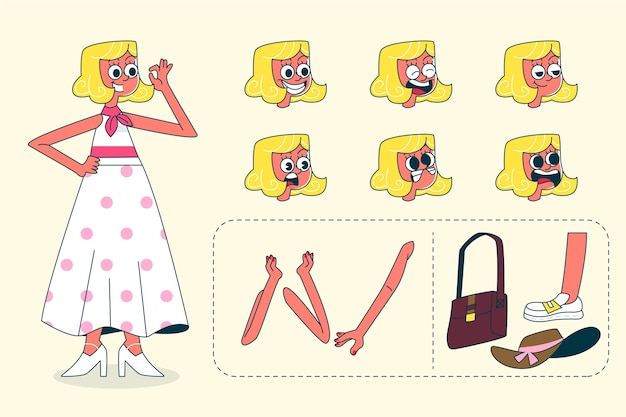 Ilustración del constructor de personajes de dibujos animados retro dibujada a mano.