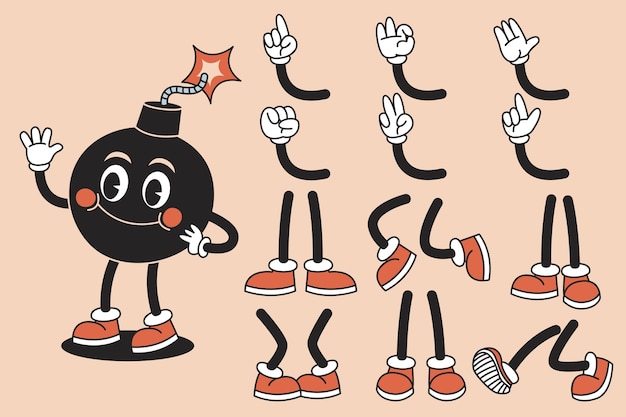 Ilustración del constructor de personajes de dibujos animados retro dibujada a mano.