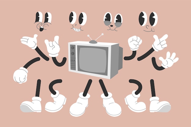 Ilustración del constructor de personajes de dibujos animados retro dibujada a mano.
