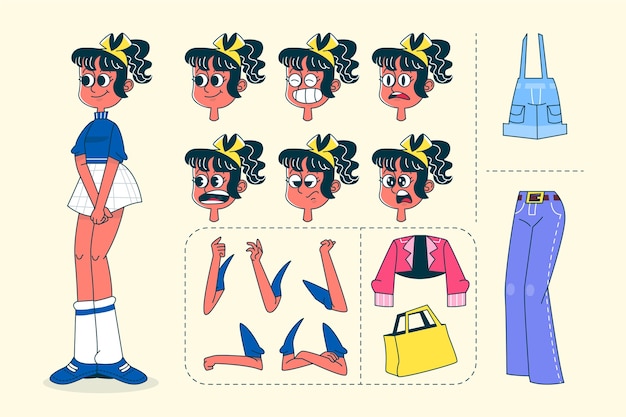 Ilustración del constructor de personajes de dibujos animados retro dibujada a mano.
