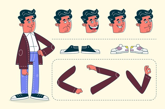 Ilustración del constructor de personajes de dibujos animados retro dibujada a mano.