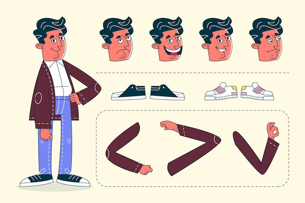 Ilustración del constructor de personajes de dibujos animados retro dibujada a mano.