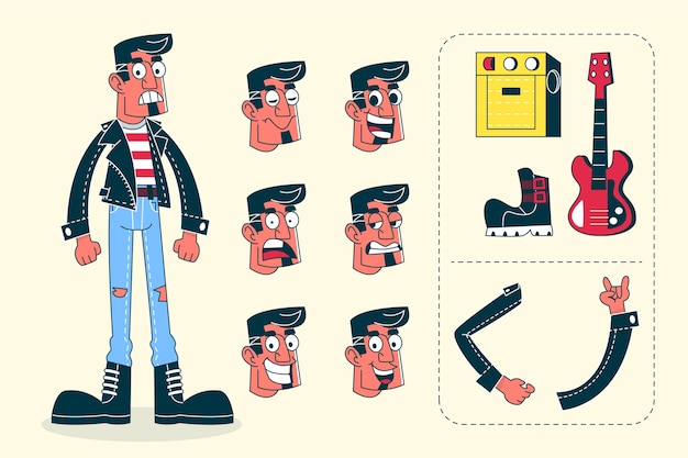 Ilustración de constructor de personajes de dibujos animados retro dibujada a mano