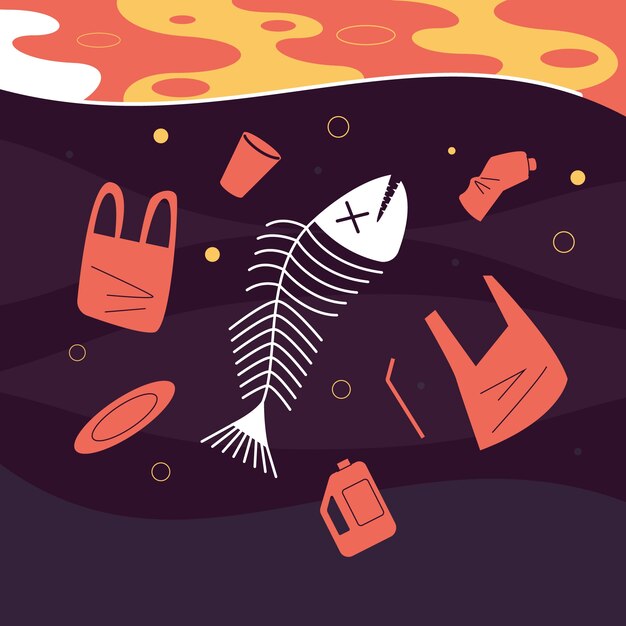 Ilustración de contaminación plástica del océano dibujado a mano
