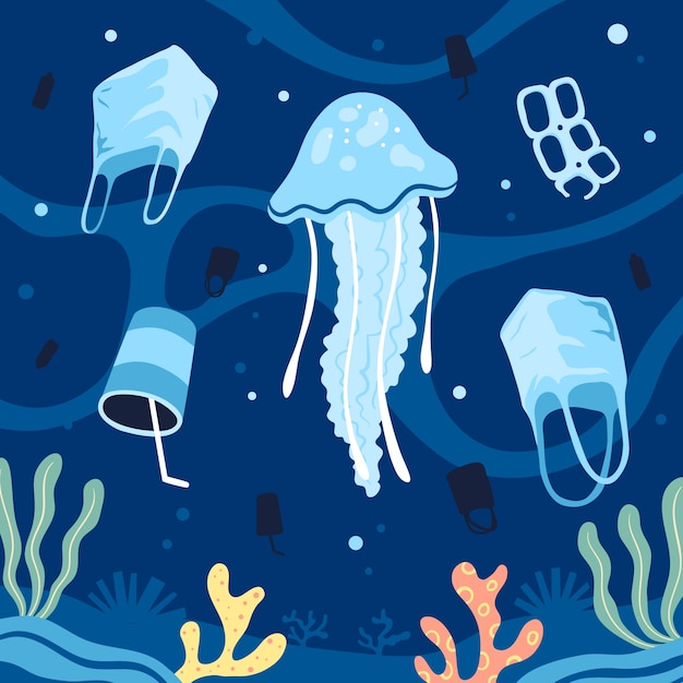 Ilustración de contaminación plástica del océano dibujado a mano