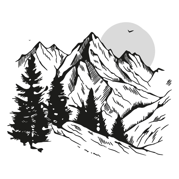 Ilustración de contorno de montaña dibujada a mano monocromática