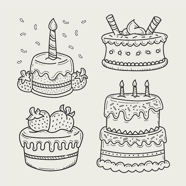 Ilustración del contorno del pastel de cumpleaños dibujado a mano