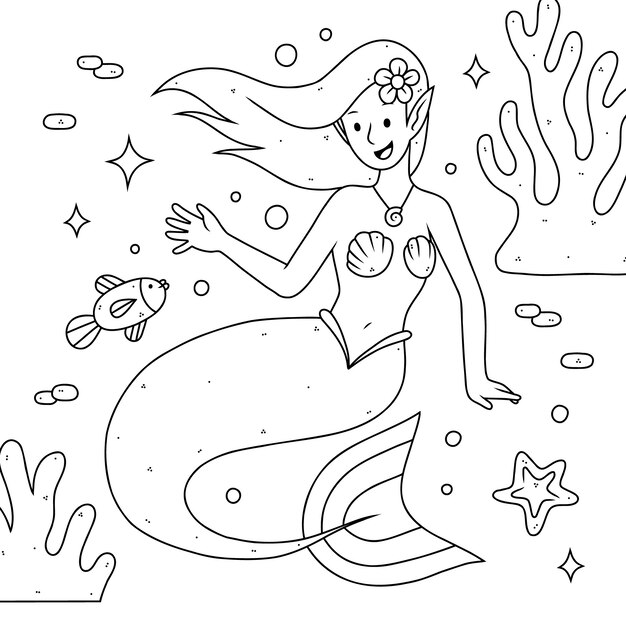 Ilustración de contorno de sirena dibujada a mano