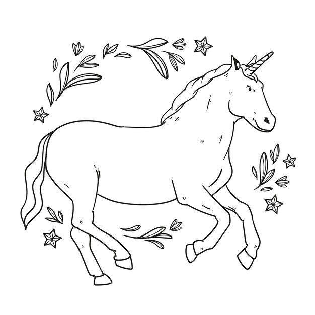 Ilustración de contorno de unicornio dibujado a mano