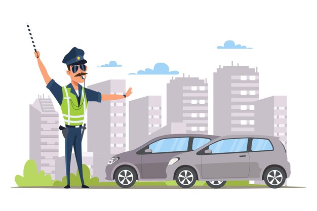 Ilustración de control de tráfico de automóviles Patrullero joven de la ley en chaleco oficial de policía con varilla rayada y silbato patrullando la calle