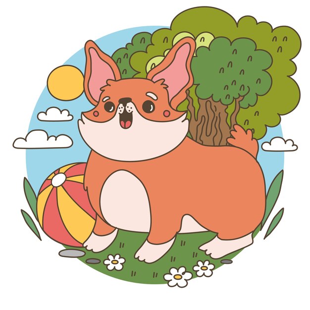 Ilustración de corgi de dibujos animados dibujados a mano