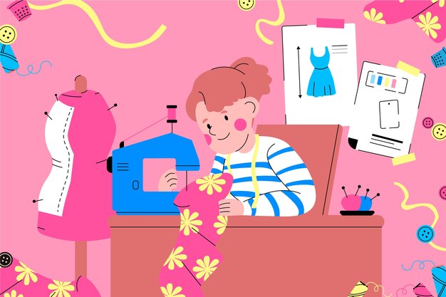Ilustración de costurera plana dibujada a mano