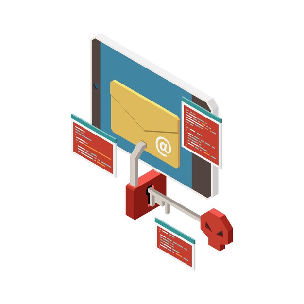 Ilustración de crimen digital isométrica con llave de correo electrónico de teléfono inteligente y cerradura 3d
