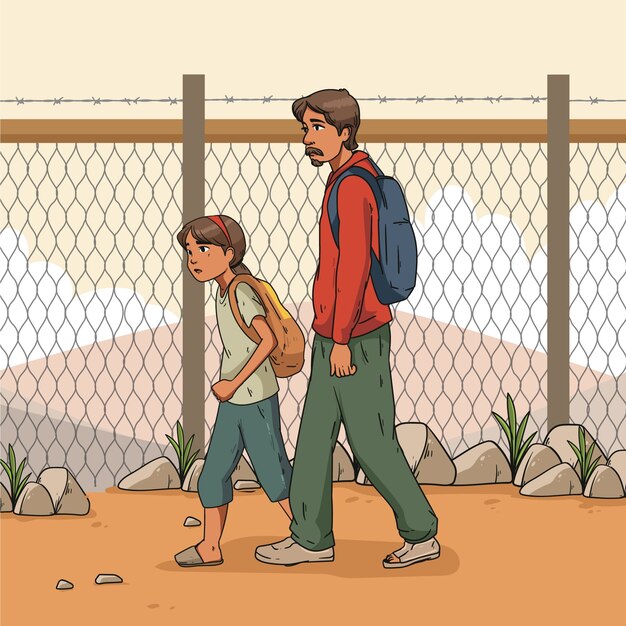 Ilustración de la crisis migratoria dibujada a mano