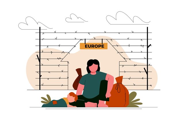 Ilustración de la crisis migratoria dibujada a mano