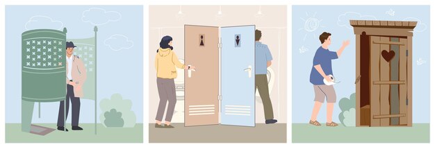 Ilustración cuadrada plana de baños públicos de diferentes tipos de cabañas, incluidos baños rústicos y urinarios al aire libre Ilustración vectorial aislada