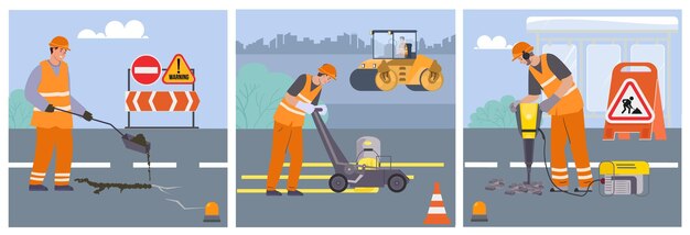 Ilustración de cuadrados planos de reparación de carreteras con trabajadores que realizan obras de carretera utilizando una ilustración vectorial de equipos de mantenimiento