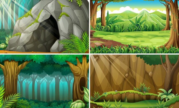 Ilustración de cuatro escenas de bosques y una cueva