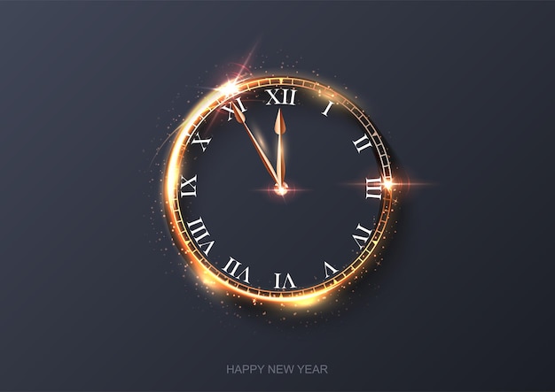 Ilustración de cuenta regresiva de reloj luz dorada que brilla con destellos celebración abstracta a medianoche