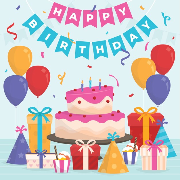 Ilustración de cumpleaños de diseño plano con pastel y regalos