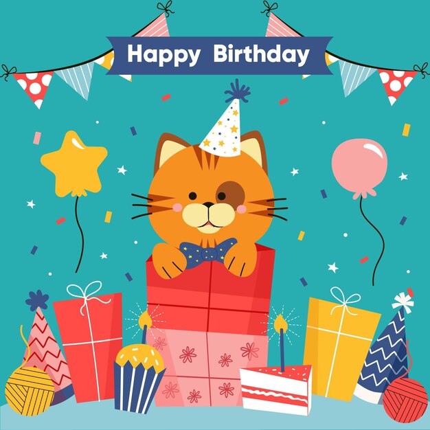 Ilustración de cumpleaños de gatito con regalos y globos