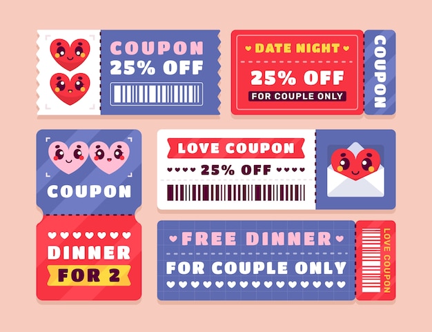 Ilustración de cupones de amor dibujados a mano