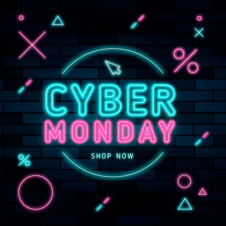 Vector gratuito ilustración de cyber monday de neón con texto