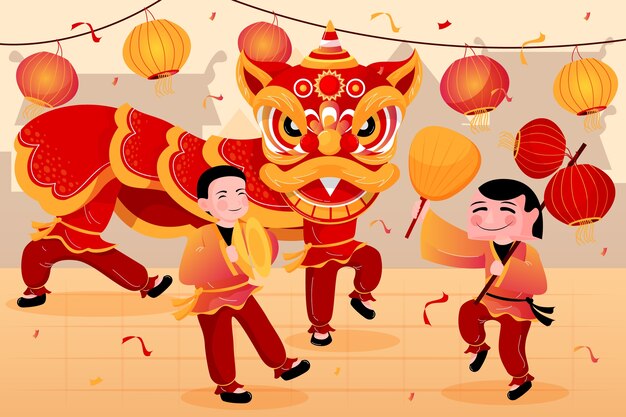 Ilustración de danza del león del año nuevo chino degradado