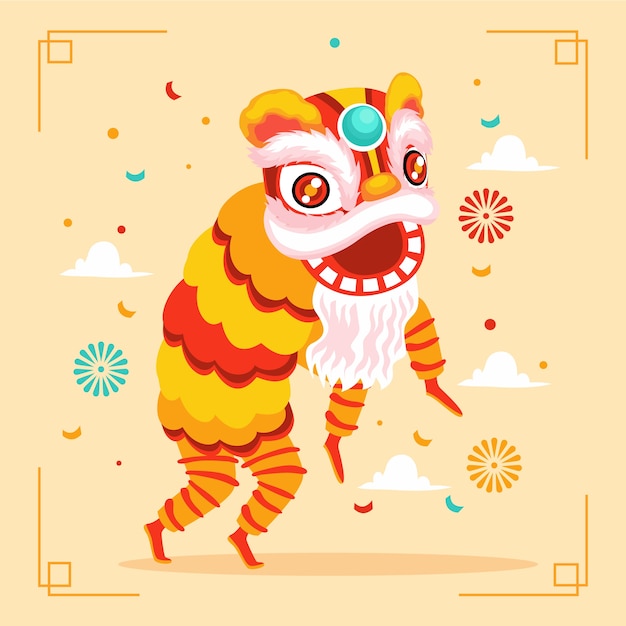 Vector gratuito ilustración de danza del león de año nuevo chino plano