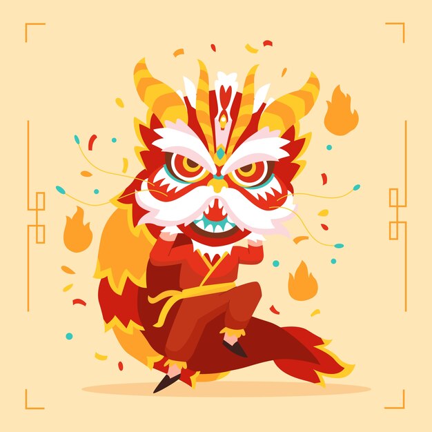 Ilustración de danza del león de año nuevo chino plano