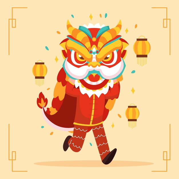 Ilustración de danza del león de año nuevo chino plano