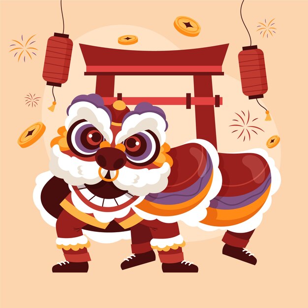 Ilustración de danza del león de año nuevo chino plano