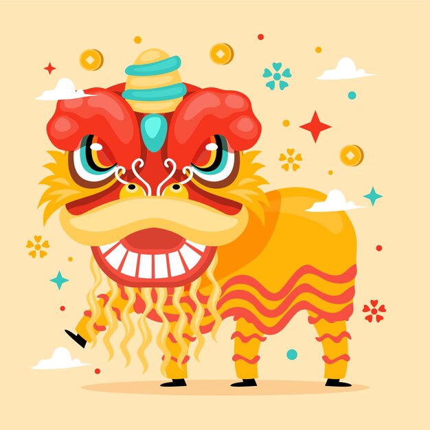 Ilustración de danza del león de año nuevo chino plano